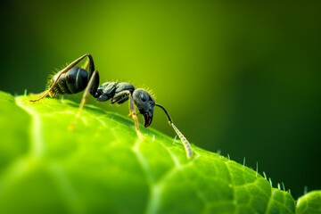 macro photo of ant on green leaf on nature background, generative AI