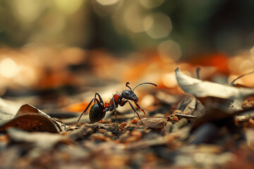 macro photo of ant on forest litter, generative AI
