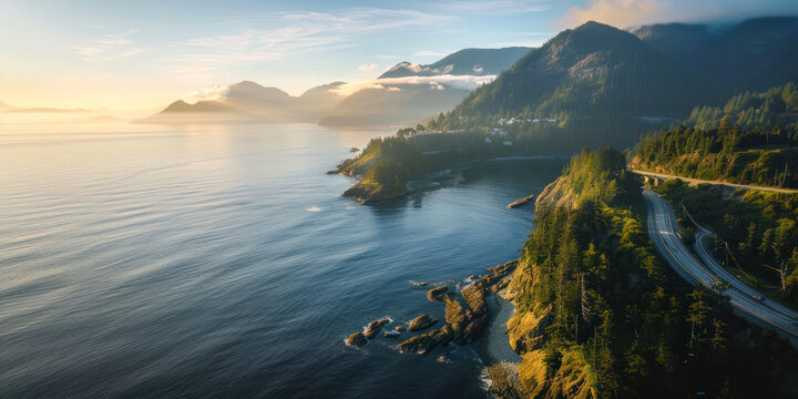 Sea to Sky Highway on West Coast of Pacific Ocean. Aerial Mountain Landscape.