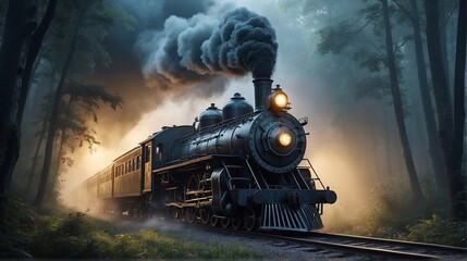 Obraz premium Old Steam Train Passing Dark Creepy Forest