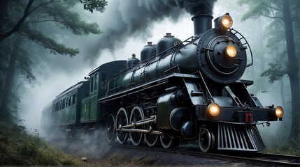 Fototapeta premium Old Steam Train Passing Dark Creepy Forest