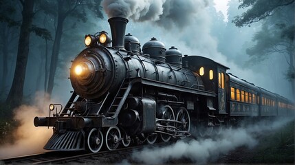 Naklejka premium Old Steam Train Passing Dark Creepy Forest