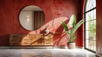 Modern interior design featuring a round mirror and a chest of drawers next to a red wall in a room