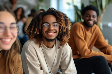 Smiling african american man in eyeglasses looking at camera with group of diverse friends in background