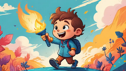 Naklejka premium a boy Hold up the torch