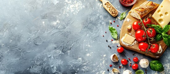 Cutting board for pizza or bread on a table for baking at home. Food recipe idea on a stone background with space for text. Panoramic top view flat lay image.