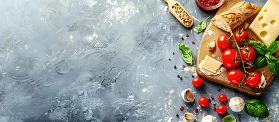 Schilderijen op glas Cutting board for pizza or bread on a table for baking at home. Food recipe idea on a stone background with space for text. Panoramic top view flat lay image. © Vusal