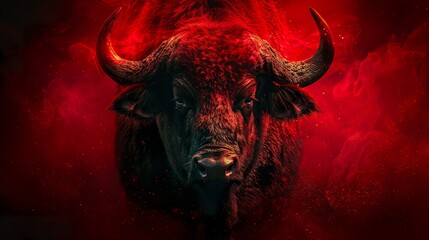 A portrait of a buffalo in low lighting in rugged outlines and the animal's distinctive features. Wild American bison under an aura of mystery and intrigue. - obrazy, fototapety, plakaty