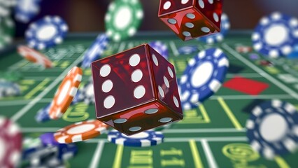 Realistic casino chips dice and tokens flying in a gambling setting. Concept Casino Photography, Gambling Aesthetics, Realistic Props, Exciting Action Shots