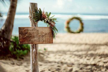 round wedding gate on a beautiful beach with palm trees by the ocean and a wooden sign in boho...