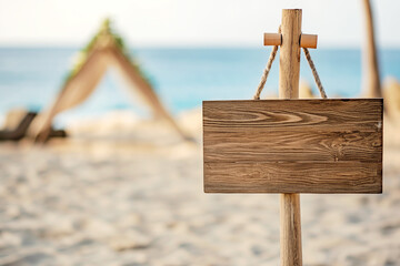 triangular wedding gate on a beautiful beach with palm trees by the ocean and a wooden sign in the...