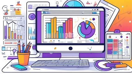 Consulting services for the analysis of data for business. Social media marketing for business. Software solutions for workflow management stock illustration