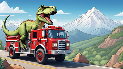 A smiling dinosaur drives a fire truck up a mountain, for a coloring book