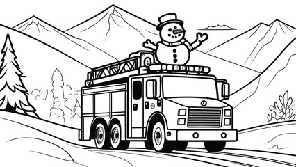 A smiling snowman drives a fire truck up the mountain, for a coloring book in black and white