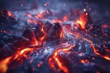 Hot molten lava streaming volcano eruption stream hot boiling magma venus other planet surface destruction flowing fire flame heat danger glowing cosmic