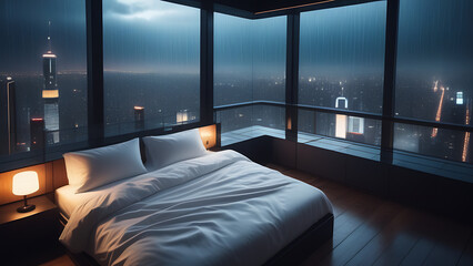 moody aesthetic, beautiful cozy, cramped bedroom with floor to ceiling glass windows overlooking a cyberpunk city at night