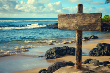 wooden plaque with a place for an inscription on an exotic beach with palm trees for a boho style wedding, generative AI
