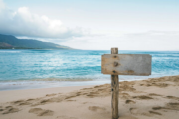wooden plaque with a place for an inscription on an exotic beach with palm trees for a boho style wedding, generative AI