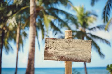 wooden plaque with a place for an inscription on an exotic beach with palm trees for a boho style...