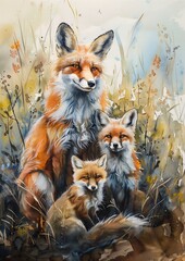 Fototapeta premium fox family field baby displayed walls orange white flowing brush strokes standing together