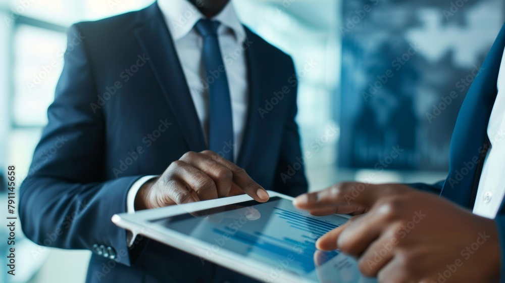 Poster an image of a business executive analyzing financial data on a tablet ai generated illustration