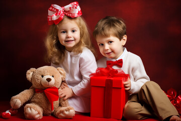 Fototapeta na wymiar little boy giving heart balloons to toddler girl on valentines day on white background