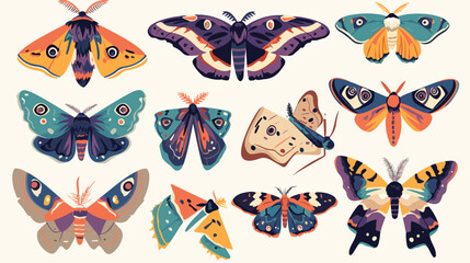 Collection of bright colored cartoon moths of diffe