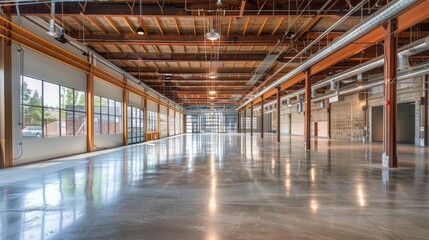 Fototapeta premium An industrial warehouse with exposed beams and concrete floors AI generated illustration