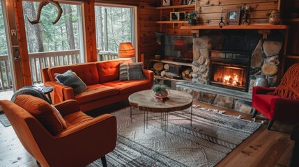 Obraz na płótnie Canvas Cozy living room with fireplace AI generated illustration