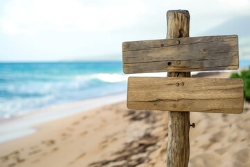 wooden plaque with a place for an inscription on an exotic beach with palm trees for a boho style...