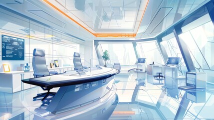 Detailed illustration of a futuristic office space  AI generated illustration