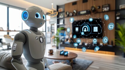  a robot interacting with various smart devices in a modern home setting,
