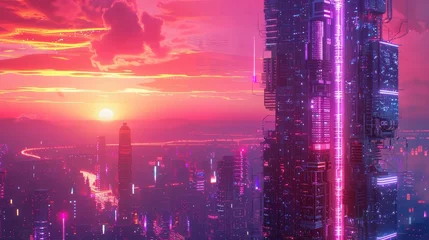 Fotobehang Roze Detailed shot of a neon colored cyberpunk skyscraper at sunset  AI generated illustration