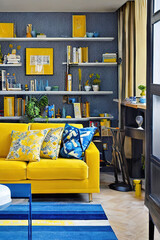 modern trendy apartment in yellow and blue colors, Ai generated
