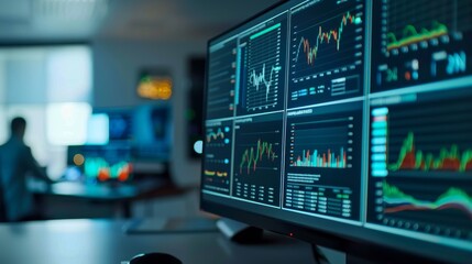 Detailed view of a computer monitor displaying graphs and charts  AI generated illustration