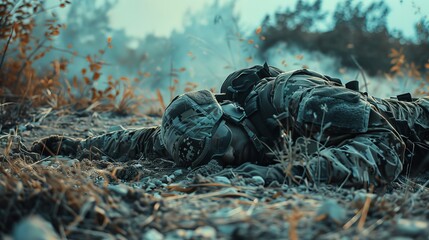 Fallen comrade lying on the ground  AI generated illustration