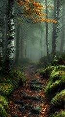 path woods moss trees foggy background young deviant fable ratio mountain birch forest street - obrazy, fototapety, plakaty