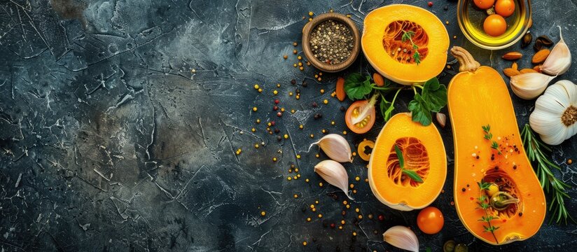 Raw organic butternut squash halves with seasoning and components for preparation on a dark slate, stone, or concrete backdrop. Seen from above with room for text.