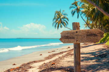 wooden plaque with a place for an inscription on an exotic beach with palm trees for a boho style wedding, generative AI