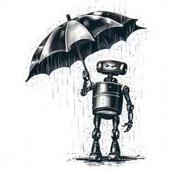 cute robot in the rain with an umbrella drawn in pencil Ai-generated