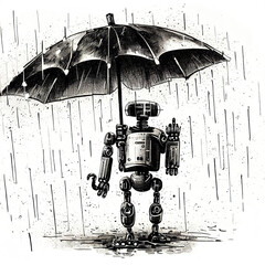 cute robot in the rain with an umbrella drawn in pencil Ai-generated