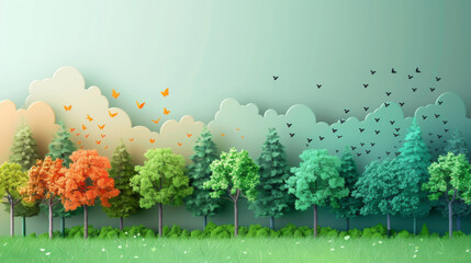 Whimsical landscape illustration with vibrant trees, green grass, and flying birds, fantasy theme.