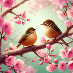 Colorful Bird. Songbird in Cherry Blossoms. happy scene. remantic scene. pink background
