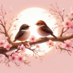Colorful Bird. Songbird in Cherry Blossoms. happy scene. remantic scene. pink background