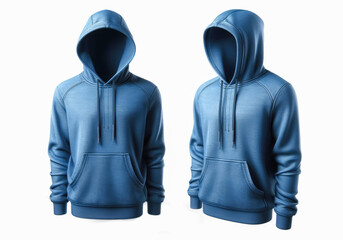 Set of Blue front and back view tee hoodie hoody sweatshirt on white background cutout, Mockup template for artwork graphic design.