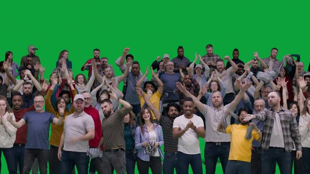 Group of diverse people support football team playing in international championship. Big crowd of supportive sports fans gesticulate and shout during soccer match on stadium. Chroma key. Alpha channel