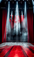 scène de spectacle vide avec rideaux rouges et projecteurs - obrazy, fototapety, plakaty