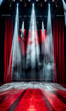 sc&egrave;ne de spectacle vide avec rideaux rouges et projecteurs