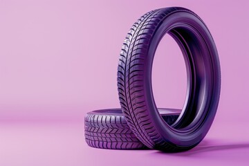 A pair of tires placed vertically on a pastel lilac surface with a hint of shimmer. - obrazy, fototapety, plakaty