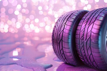 A pair of tires placed vertically on a pastel lilac surface with a hint of shimmer. - obrazy, fototapety, plakaty